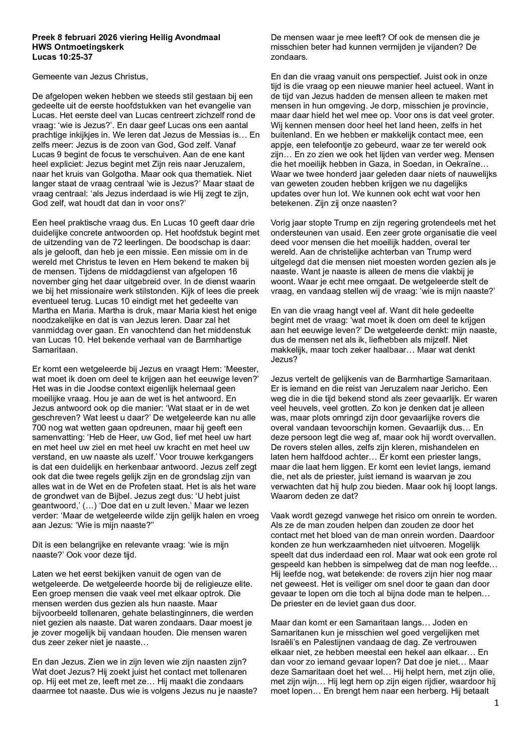 260208 preek ochtend viering H.A. Lucas 10 vers 25-37